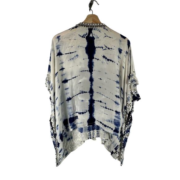 Taj by Sabrina Crippa Blue and White Beaded Kaftan Silk Blouse Size S Cover Up - Picture 13 of 16